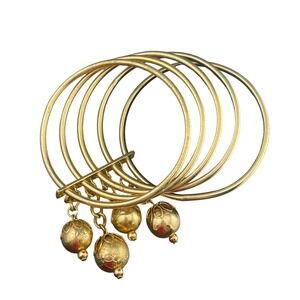 MCM Brutalist Brass Bangle Set w/ Orb Drops Asymmetrical Sculptural statement